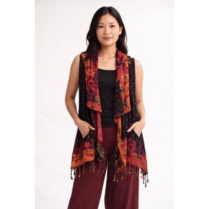 ANU Boho Sheer Fringe Vest Floral Polka Dot Open Front Viscose M